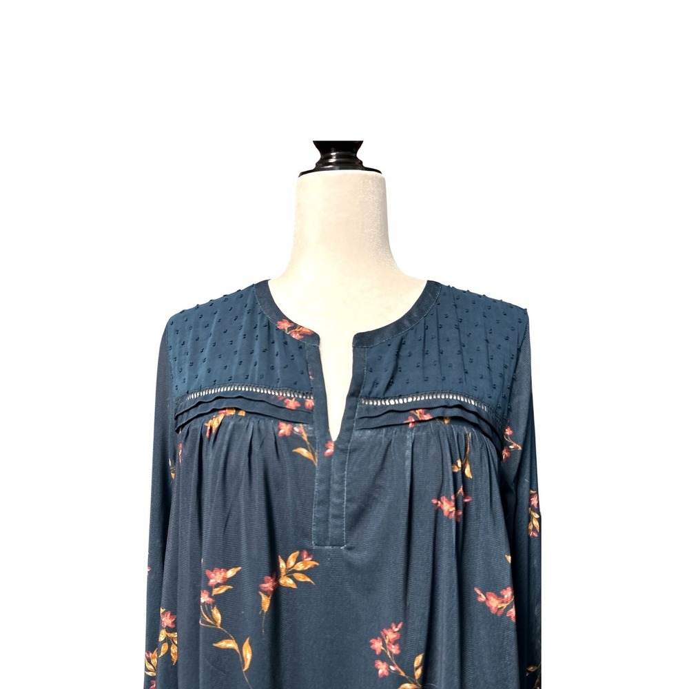 Daniel Rainn Floral Swiss Dot Split Neck Blouse Teal Blue 1X - Picture 2 of 7